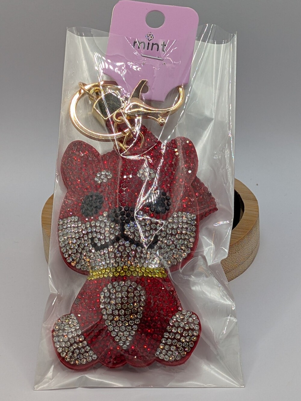 Mint Red Rhinestone Kitty Bag Charm/ Keychain with Gold Hardware